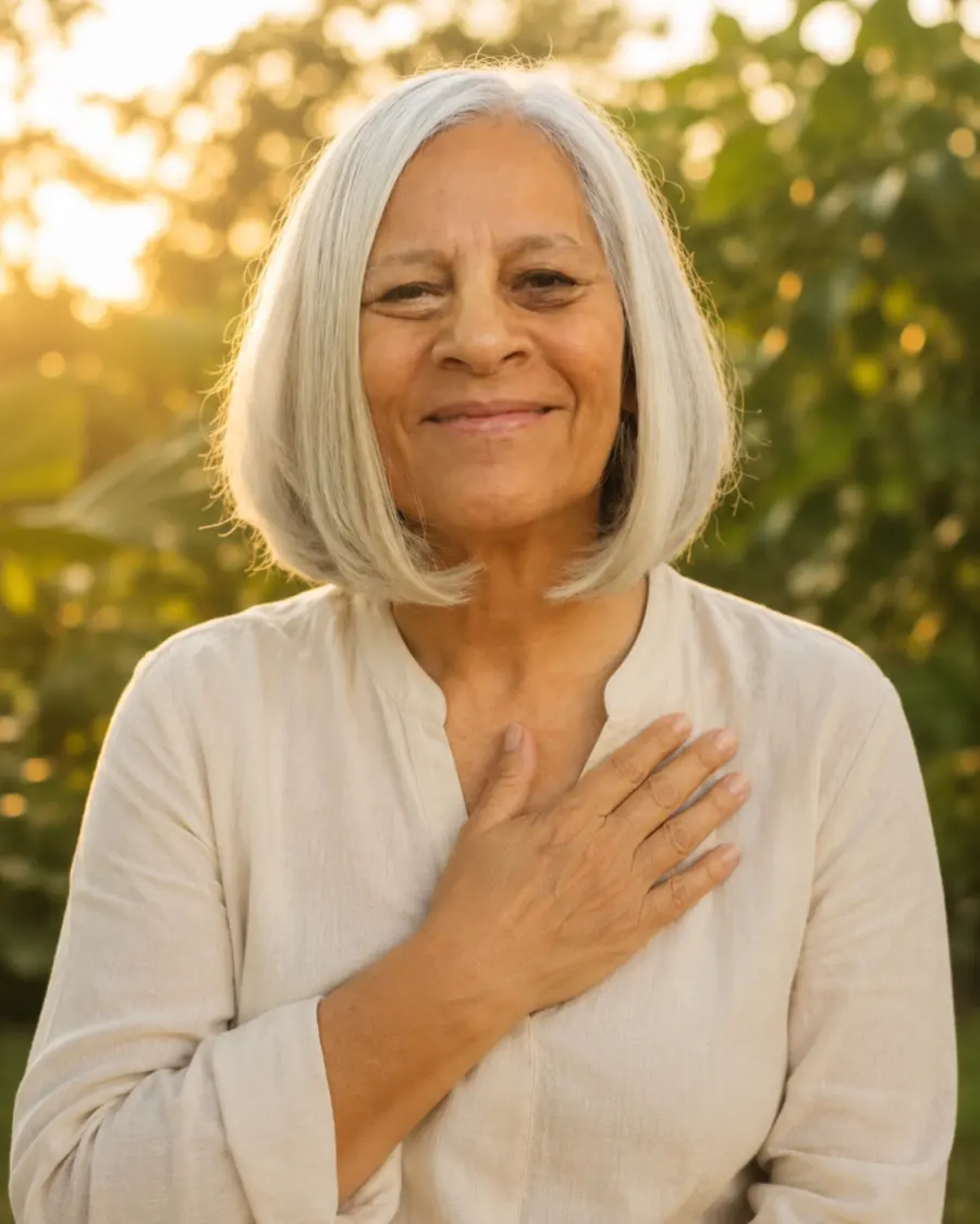 Maria das Graças em retrato caloroso, mão no peito, ao entardecer