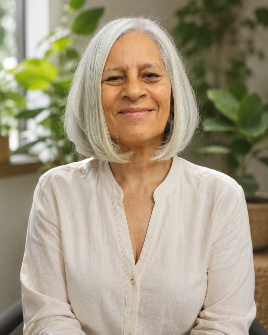 Retrato de Maria das Graças, naturopata, sorrindo em meio a plantas
