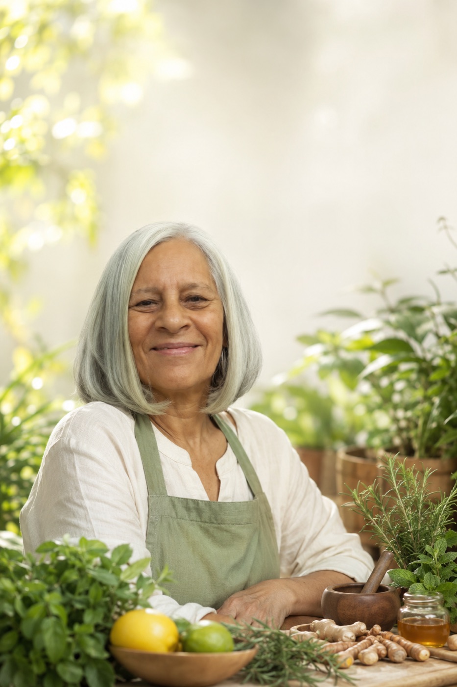 Maria das Graças no seu jardim de ervas, com limão, gengibre, açafrão e almofariz