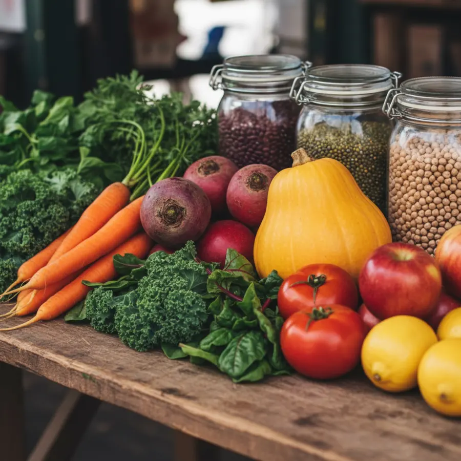 Feira com legumes, folhas e leguminosas para montar o prato — Semana 3